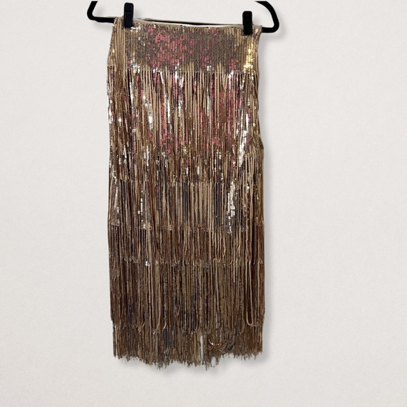 NWT Lulus Radiant  Rose Gold Sequin Fringe Midi Skirt - Size Small - High-Rise - Picture 2 of 6